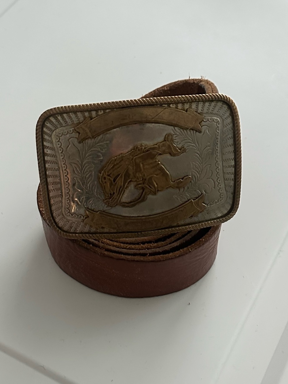 Men's Brown Leather Belt with Western Rodeo Buckle